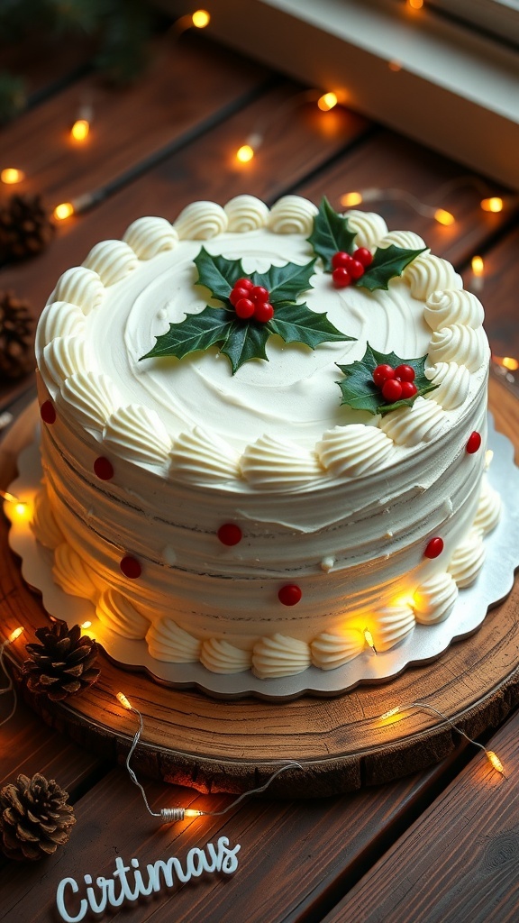 An 8-inch Christmas cake decorated with royal icing and festive decorations, on a wooden table with holiday decor.